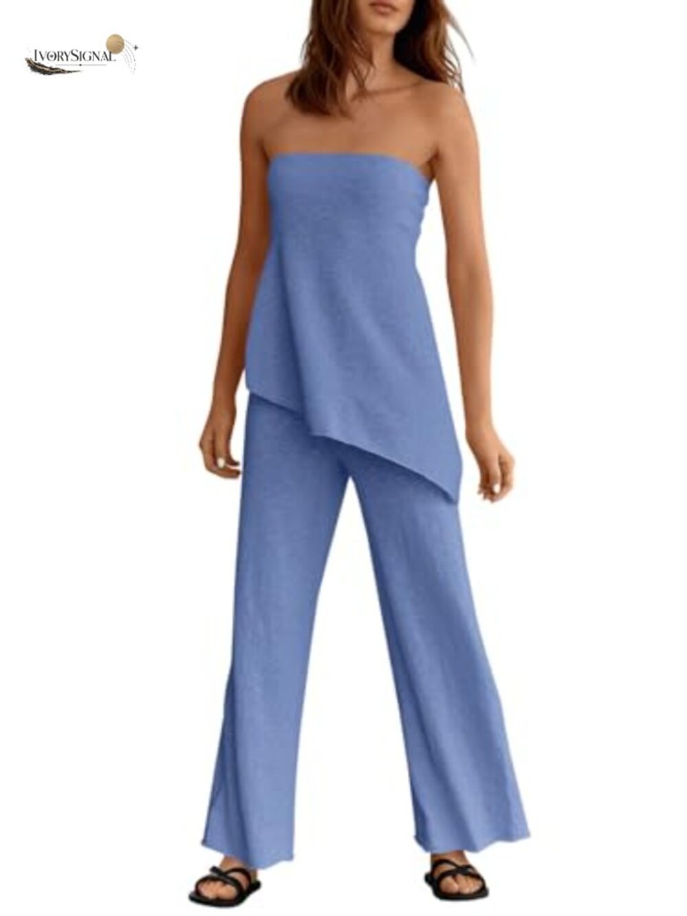 2 Piece Lounge Set Asymmetric Tube Top Wide Leg Knit Pants